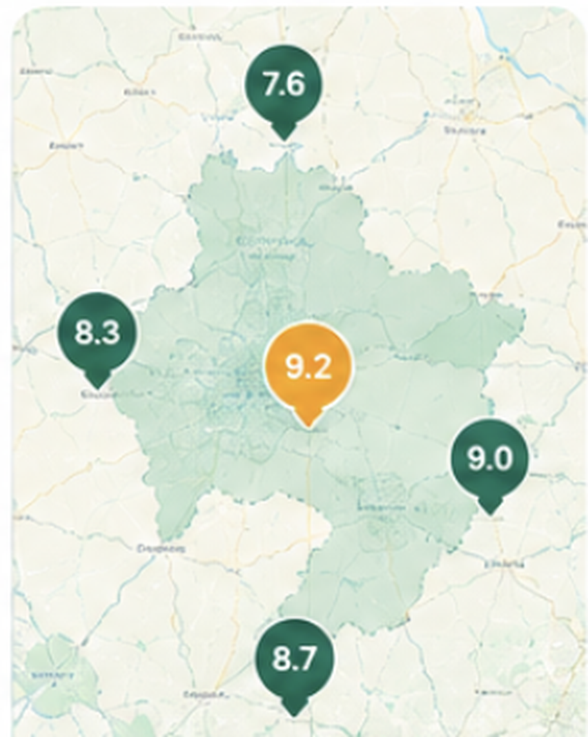 Example map of a UK postcode district with opportunity scores shown on pins